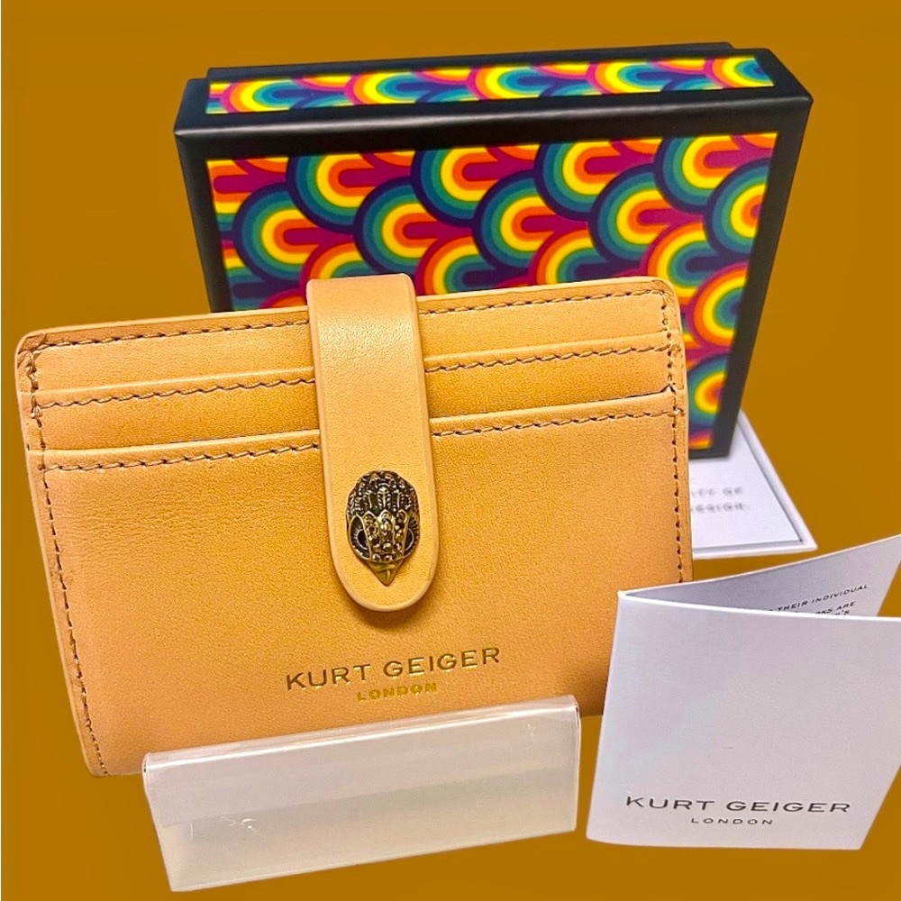 Kurt Geiger NWT Leather bifold Wallet/Card Holder taupe Crystal Eagle Head &Box